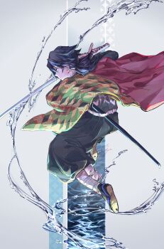 Rule 34 | 1boy, absurdres, belt, black hair, black jacket, black pants, blue eyes, closed mouth, clothes writing, demon slayer uniform, fingernails, full body, haori, high collar, highres, holding, holding sword, holding weapon, jacket, japanese clothes, jumping, katana, kikkoumon, kimetsu no yaiba, long hair, low ponytail, male focus, pants, ponytail, print haori, profile, red haori, scabbard, sheath, solo, spiked hair, sword, tomioka giyuu, tomkureson, water, weapon, white belt
