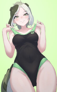Rule 34 | 1girl, black hair, black one-piece swimsuit, blush, breasts, commentary request, crocodile girl, green background, green eyes, grey hair, highres, japari symbol, kemono friends, large breasts, long hair, looking at viewer, lowlandgorilla, multicolored hair, one-piece swimsuit, saltwater crocodile (kemono friends), simple background, solo, swimsuit, tail, two-tone hair