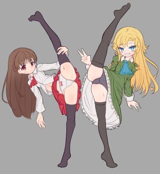 2girls absurdres ass black_panties black_thighhighs blonde_hair blue_eyes bow bow_panties brown_hair dress feet flexible full_body green_dress grey_background grin highres holding_own_leg ib_(ib) ib_(kouri) kneepits leg_lift leg_up legs loli long_hair looking_at_viewer lungo_arc mary_(ib) multiple_girls navel no_shoes panties red_eyes red_skirt shirt simple_background skirt smile split standing standing_on_one_leg standing_split thighhighs thighs toes underwear v white_panties white_shirt