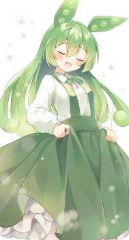 1girl :3 blush closed_eyes collared_shirt green_hair highres long_hair long_sleeves mani_(second-dimension) ojou-sama_zundamon open_mouth shirt skirt skirt_hold smile solo suspender_skirt suspenders very_long_hair voicevox zundamon
