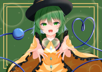Rule 34 | 1girl, absurdres, black hat, breasts, buttons, collared shirt, commentary request, diamond button, eyeball, frilled shirt collar, frilled sleeves, frills, green background, green eyes, green hair, hat, heart, heart of string, highres, komeiji koishi, long sleeves, looking at viewer, medium hair, open mouth, rense 1010 (number nanashi), shirt, small breasts, smile, solo, third eye, touhou, upper body, wide sleeves, yellow shirt