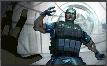Rule 34 | 2boys, black gloves, blue shirt, character request, check character, chris redfield, commentary, cowboy shot, english commentary, falling, furrowed brow, gloves, highres, imagine (imagine7243618), indoors, male focus, multiple boys, muscular, muscular male, open mouth, outstretched arm, piers nivans, pov, pov hands, resident evil, resident evil 6, shirt, short hair, vest, worried