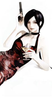 Rule 34 | 1girl, ada wong, bare arms, bare shoulders, black choker, black hair, breasts, brown eyes, choker, cleavage, closed mouth, cocktail glass, cup, dress, drinking glass, feernze19, gun, handgun, highres, holding, holding cup, holding gun, holding weapon, light smile, medium breasts, parted bangs, reclining, red dress, resident evil, resident evil 2, short hair, sleeveless, sleeveless dress, solo, upper body, weapon, white background