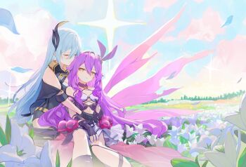 2girls absurdres black_jacket blue_sky cecilia_schariac closed_eyes closed_mouth cloud cloudy_sky dress fingerless_gloves flower gloves grass hair_ornament hashtag-only_commentary highres honkai_(series) honkai_impact_3rd hug hug_from_behind jacket long_hair multiple_girls outdoors purple_dress purple_gloves purple_hair roena sirin sirin_(miracle_magical_girl) sky very_long_hair white_flower white_hair wings yellow_eyes