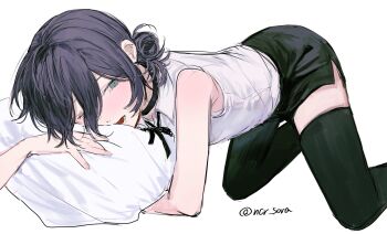 1girl all_fours black_choker black_hair black_ribbon black_shorts black_thighhighs chainsaw_man choker commentary grey_eyes highres hugging_object neck_ribbon nokoru_sora open_mouth pillow pillow_hug reze_(chainsaw_man) ribbon shirt short_shorts shorts simple_background sleeveless sleeveless_shirt solo symbol-only_commentary thighhighs white_background white_shirt