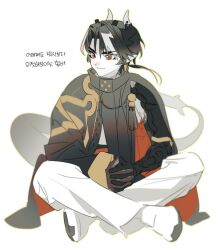 Rule 34 | 1boy, arknights, armor, black hair, chong yue (arknights), closed mouth, commentary request, deformed, dragon boy, dragon horns, dragon tail, full body, highres, horns, indian style, jjeobjjeobdogta (wjqwjqehrxk), korean commentary, korean text, long hair, long tail, looking at viewer, low ponytail, male focus, multicolored hair, pauldrons, pointy ears, red eyes, rerebrace, shoes, shoulder armor, simple background, single sleeve, sitting, smile, star-shaped pupils, star (symbol), streaked hair, symbol-shaped pupils, tail, translation request, white background, white footwear