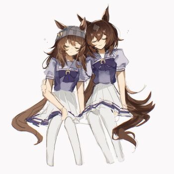 2girls animal_ears beanie bow bowtie breasts brown_hair closed_eyes closed_mouth coli_(coli_fonta) commentary ear_ornament ears_through_headwear grey_hat hair_between_eyes hat highres horse_ears horse_girl horse_tail long_hair multicolored_hair multiple_girls nakayama_festa_(umamusume) pleated_skirt puffy_short_sleeves puffy_sleeves purple_bow purple_bowtie purple_shirt sailor_collar sailor_shirt school_uniform shirt short_sleeves simple_background sirius_symboli_(umamusume) skirt smile streaked_hair tail thighhighs tracen_school_uniform umamusume very_long_hair white_hair white_sailor_collar white_skirt white_thighhighs