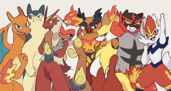 animal_focus arm_up blaziken blue_eyes charizard cinderace claws colored_sclera crossed_arms delphox dragon emboar everyone fangs fiery_tail fire furry gen_1_pokemon gen_2_pokemon gen_3_pokemon gen_4_pokemon gen_5_pokemon gen_6_pokemon gen_8_pokemon grey_background grin infernape kiirono looking_at_viewer nintendo one_eye_closed open_mouth pokemon pokemon_(creature) red_eyes sharp_teeth signature simple_background smile sweat tail teeth tusks typhlosion yellow_sclera