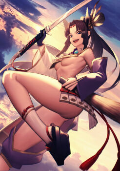 1girl armor asymmetrical_gloves asymmetrical_sleeves blue_eyes blue_gloves breast_curtains breasts cloud fate/grand_order fate_(series) gloves hat highres holding holding_sword holding_weapon japanese_armor katana long_hair mismatched_gloves mismatched_sleeves open_mouth relayrl revealing_clothes shoulder_armor showgirl_skirt side_ponytail sky small_breasts socks sode solo sun sword tate_eboshi ushiwakamaru_(fate) ushiwakamaru_(second_ascension)_(fate) weapon white_gloves white_socks