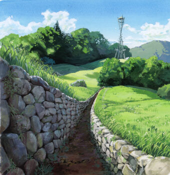 1990s_(style) absurdres cloud day field grass highres mononoke_hime moss nature no_humans path perspective road rock sakagami_umi scenery sky stone_wall studio_ghibli tower tree wall