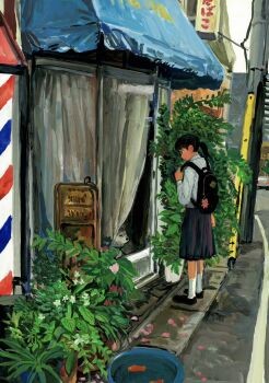 1girl animal awning backpack bag black_bag black_hair black_skirt cat cityscape commentary_request curtains fish flower goldfish highres leaf loafers long_sleeves looking_down minahamu oil_painting_(medium) original outdoors painting_(medium) plant pleated_skirt ponytail potted_plant profile road sailor_collar school_uniform shirt shoes shop sidewalk sign skirt slice_of_life socks solo standing storefront street traditional_media urban water white_shirt white_socks window