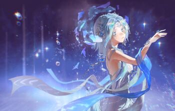 1girl blue_background blue_dress blue_eyes blue_hair blue_shawl bodypaint born_flawless_(infinity_nikki) bubble chinese_commentary colored_eyelashes commentary_request cowboy_shot dress expressionless facepaint hair_ornament highres infinity_nikki light_particles lips long_hair mokara nikki_(series) outstretched_hand scar shards shawl sidelocks solo sparkle star_(sky) strapless strapless_dress