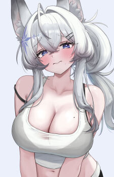 1girl absurdres ahoge animal_ear_fluff animal_ears bare_shoulders black_bra blue_eyes blush bra bra_strap bra_visible_through_clothes breasts cleavage closed_mouth collarbone commentary crop_top crossed_bangs english_commentary fox_ears fox_girl furrowed_brow hair_between_eyes hair_intakes hair_ornament hairclip head_tilt highres indie_virtual_youtuber isha_(vtuber) large_breasts long_hair looking_at_viewer mirae_d2oop mole mole_on_breast mole_under_mouth navel parallel_hairclips see-through_clothes see-through_shirt shirt shorts sidelocks simple_background solo strap_slip too_many_hair_ornaments underwear upper_body v_arms very_long_hair virtual_youtuber wavy_mouth white_background white_hair white_shirt