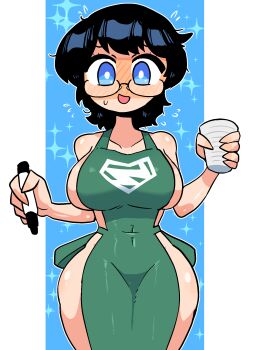 1girl :> apron black_hair blue_eyes breasts clara_kent dc_comics embarrassed genderswap genderswap_(mtf) glasses highres hiryou_man_(crap-man) iced_latte_with_breast_milk_(meme) large_breasts looking_at_viewer meme nude rariatto_(ganguri) short_hair solo superman superman_(series) thick_thighs thighs