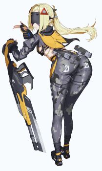 1girl absurdres ass assault_rifle black_gloves black_mask black_pants black_shirt black_shoes blindfold_mask breasts eye_mask fingerless_gloves gloves gun higasino3ldk highres holding holding_gun holding_weapon long_hair mask pants ponytail rifle shirt shoes small_breasts smile solo trigger_(zenless_zone_zero) weapon zenless_zone_zero