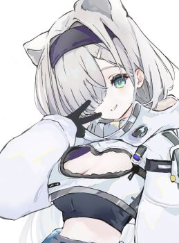 Rule 34 | 1girl, animal ears, aqua eyes, arknights, aurora (arknights), bear ears, bear girl, black gloves, black hairband, black sports bra, breasts, cleavage, cleavage cutout, clothing cutout, commentary request, cropped jacket, extra ears, gloves, grey hair, grin, hair over one eye, hairband, hand up, highres, jacket, long sleeves, looking at viewer, medium breasts, medium hair, mi7 0601, midriff, puffy long sleeves, puffy sleeves, simple background, smile, solo, sports bra, upper body, v, white background, white jacket