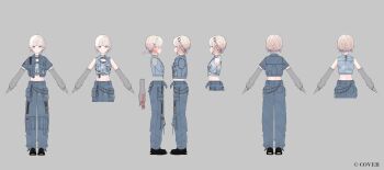 Rule 34 | 1girl, black shoes, blonde hair, blue jacket, blue pants, braid, commentary request, copyright name, cropped shirt, denim, denim jacket, elbow gloves, fingerless gloves, full body, gloves, grey arm warmers, grey background, grey gloves, hair rings, highres, hitomyan, hololive, hololive dev is, jacket, jeans, looking at viewer, midriff, multicolored hair, multiple views, navel, official alternate costume, official alternate hairstyle, official art, pants, purple eyes, purple hair, reference sheet, shirt, shoes, short-sleeved jacket, short hair, short sleeves, simple background, sleeveless, sleeveless shirt, solo, streaked hair, teeth, todoroki hajime, todoroki hajime (flashpoint), turnaround, upper teeth only, virtual youtuber, white shirt