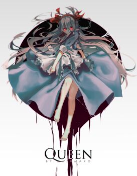 1girl apron artist_name barefoot blue_dress bow bow_hairband commentary dress floating_hair full_body glowing glowing_eyes hair_between_eyes hair_spread_out hairband highres kagerou_project kozakura_marry long_hair long_sleeves looking_at_viewer mazumaro pink_bow pink_hairband red_eyes sidelocks skirt_hold solo very_long_hair white_apron white_hair