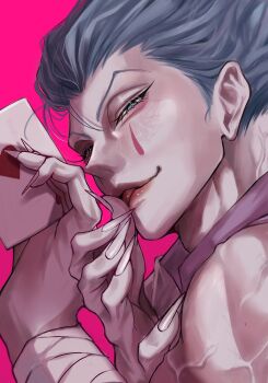 1boy aqua_eyes blue_hair card commentary_request eyelashes facial_mark fingernails highres hisoka_morow holding holding_card hunter_x_hunter licking licking_finger looking_at_viewer male_focus pink_background playing_card riperipe_apple sharp_fingernails short_hair simple_background solo teardrop_facial_mark tongue tongue_out v-shaped_eyebrows