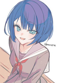 1girl :d blue_eyes blue_hair blush bob_cut breasts collarbone from_above grey_shirt grey_skirt hatori_naco highres kiritani_haruka long_sleeves looking_at_viewer miyamasuzaka_girls'_academy_school_uniform neckerchief open_mouth pleated_skirt project_sekai red_neckerchief sailor_collar school school_uniform serafuku shirt short_hair sidelocks simple_background sitting skirt small_breasts smile solo tsurime twitter_username upper_body white_background white_sailor_collar