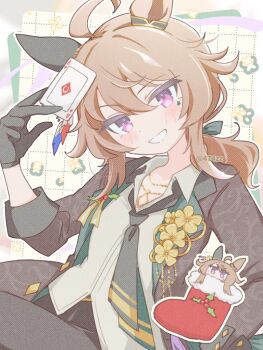 ace_(playing_card) ace_of_diamonds animal_ears anzen_robo_(474zz) black_gloves black_necktie blush brown_hair card christmas_stocking collared_shirt diamond_(shape) ear_covers facial_mark gloves hair_between_eyes holding holding_card horse_ears horse_girl jacket jewelry long_hair long_sleeves looking_at_viewer mistletoe nakayama_festa_(festival_game)_(umamusume) nakayama_festa_(umamusume) necklace necktie open_clothes open_jacket open_mouth pants playing_card purple_eyes shirt single_ear_cover single_glove smile star_(symbol) star_facial_mark umamusume