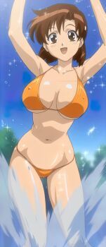 00s 1girl absurdres anime_screenshot armpits arms_up beach bikini blush breasts brown_eyes brown_hair cameltoe cleavage covered_erect_nipples day female_focus girls_bravo happy highres kojima_kirie large_breasts long_legs lowleg lowleg_bikini matching_hair/eyes midriff nipples outdoors short_hair solo splashing stitched swimsuit third-party_edit underboob water