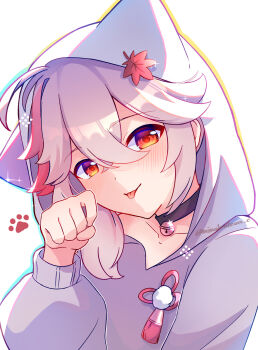 1boy alternate_costume animal_ears animal_hood bell black_choker black_collar blush cat_ears cat_hood choker collar commentary_request genshin_impact hair_between_eyes highres hood hood_up hoodie kaedehara_kazuha long_sleeves male_focus mina_(minaleafeon_c) multicolored_hair neck_bell red_eyes red_hair solo streaked_hair tassel tongue tongue_out white_hair white_hoodie