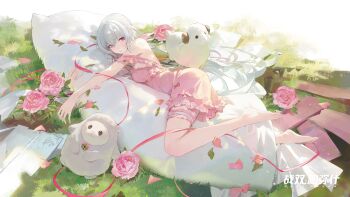 1girl barefoot chinese_commentary closed_mouth commentary_request copyright_name dress feet flower frilled_dress frilled_thigh_strap frills full_body grass grey_hair highres holding holding_pillow hugging_object leaf light_blush liv_(pgr) long_hair looking_at_viewer lying off-shoulder_dress off_shoulder official_art on_side pillow pink_dress pink_eyes pink_flower pink_petals pink_ribbon pink_rose punishing:_gray_raven ribbon rose solo stuffed_animal stuffed_sheep stuffed_toy thigh_strap