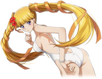 1girl adjusting_clothes adjusting_swimsuit artist_request ass backless_swimsuit bare_shoulders blonde_hair blue_eyes blunt_bangs blush breasts butt_crack code_geass code_geass:_lost_stories cowboy_shot cropped_legs dutch_angle female_focus flower from_behind game_cg hair_flower hair_ornament hair_ribbon hand_up hibiscus leaning_forward long_hair looking_at_viewer looking_back medium_breasts monica_kruszewski nail_polish non-web_source official_art one-piece_swimsuit orange_nails orange_ribbon parted_lips red_flower ribbon shiny_skin sideboob simple_background solo standing sweat swimsuit teeth thighs transparent_background twintails very_long_hair white_one-piece_swimsuit