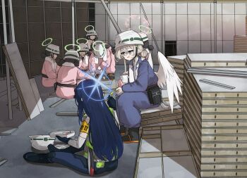 6+girls alternate_costume alternate_hairstyle angel_wings armband bag baton_(weapon) belt bento black_hair blue_archive blue_jumpsuit chopsticks commentary_request construction_site cup disposable_cup double_bun exhausted faceless faceless_female feather_hair_ornament feathers flower gloom_(expression) grey_hair hair_between_eyes hair_bun hair_flower hair_ornament halo hard_hat helmet high-visibility_clothing high-visibility_vest highres holding holding_chopsticks holding_cup jokebag jumpsuit korean_text long_hair long_sleeves looking_at_another low_twintails multiple_girls nagisa_(blue_archive) outdoors part_time_job pink_jumpsuit saori_(blue_archive) security_guard sidelocks sitting towel towel_around_neck translation_request twintails weapon white_wings wings yellow_armband yellow_eyes