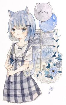1girl animal_ears aoyagi874 bag balloon blue_eyes blue_hair blunt_bangs blush bob_cut bow cat_balloon cat_ears cat_tail collared_shirt commentary crossbody_bag daisy_(flower) doily dress floral_background flower full_body gingham_clothes gingham_skirt hair_bow highres holding holding_balloon lace lace_trim looking_at_viewer muted_color open_mouth original own_hands_together painting_(medium) pale_skin paw_print pinafore plaid_clothes plaid_dress plant shirt short_hair short_sleeves shoulder_bag skirt solo standing suspenders tail traditional_media vines watercolor_(medium) white_background window