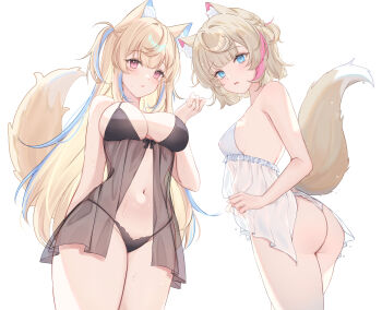 2girls absurdres alternate_costume animal_ear_fluff animal_ears ass babydoll bare_shoulders black_babydoll black_bra black_panties blue_eyes blue_hair blush bra braid breasts cherriuna commentary covered_erect_nipples cowboy_shot dog_ears dog_girl dog_tail fang fuwawa_abyssgard highres hololive hololive_english large_breasts lingerie long_hair looking_at_viewer mococo_abyssgard multicolored_hair multiple_girls navel panties parted_lips pink_background pink_hair see-through_babydoll see-through_clothes short_hair siblings sideboob sisters skin_fang small_breasts streaked_hair tail twins two-tone_hair two_side_up underwear very_long_hair virtual_youtuber wet white_babydoll white_panties
