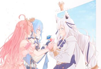 3girls ahoge animal_ear_fluff animal_ears aqua_eyes blue_eyes blue_hair crown dress floating_crown flower fox_ears fox_girl green_eyes hair_flower hair_ornament highres holding holding_microphone hololive hoshimachi_suisei hoshimachi_suisei_(stellar_into_the_galaxy) long_hair long_sleeves microphone mini_crown multiple_girls official_alternate_costume pink_dress pink_hair sakura_miko sakura_miko_(flower_fantasista!) shirakami_fubuki shirakami_fubuki_(saint) tiara tilted_headwear very_long_hair virtual_youtuber white_hair
