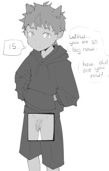 1boy animal_ears highres hood hoodie male_focus monochrome original penis shorts shota solo toasteroli white_background