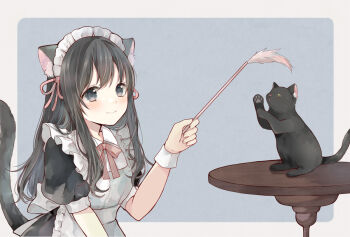 1girl animal animal_ear_fluff animal_ears apron back_bow black_cat black_dress black_hair black_tail blue_eyes blush bow bowtie breasts cat cat_ears cat_girl cat_tail cat_teaser closed_mouth collared_dress commentary_request double-parted_bangs dress frilled_apron frills hair_ribbon hand_up holding_cat_teaser long_hair long_sidelocks looking_at_viewer maid maid_apron maid_headdress original pawpads pink_bow pink_bowtie pink_ribbon puffy_short_sleeves puffy_sleeves rearing ribbon round_table short_sleeves sidelocks small_breasts smile solo table tail tententuyu upper_body white_apron white_bow white_wrist_cuffs wrist_cuffs