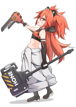 1girl absurdres ahoge animal_ears bare_shoulders bear_ears black_gloves breasts crop_top eyepatch fake_animal_ears fingerless_gloves from_side gloves hair_between_eyes hair_ornament hammer highres holding jacket koleda_belobog long_hair looking_at_viewer midriff navel pants red_eyes red_hair ritore shirt sleeveless sphere_hair_ornament tools twintails zenless_zone_zero