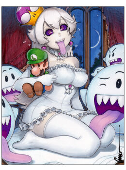 1girl boo_(mario) border bow bow_choker breasts character_doll choker colored_sclera commentary crescent_moon crown doll dress dress_bow earrings elbow_gloves english_commentary frilled_choker frilled_dress frills full_body gloves heart heart-shaped_pupils holding holding_doll indoors jewelry long_hair long_tongue looking_at_viewer luigi mario_(series) medium_breasts moon night nintendo omar_dogan pink_eyes princess_king_boo protected_link purple_sclera scan sharp_teeth signature sitting smile super_crown symbol-shaped_pupils teeth thighhighs tongue tongue_out traditional_media wariza white_border white_bow white_choker white_dress white_gloves white_hair white_thighhighs