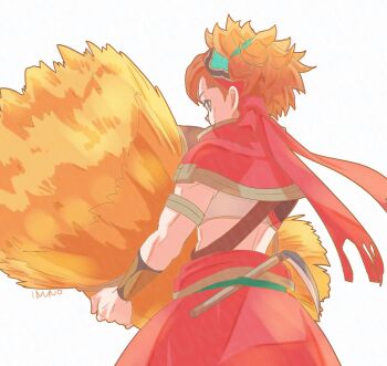 Rule 34 | 1boy, armband, capelet, cowboy shot, crop top, gold trim, green eyes, hairband, highres, holding wheat, inuno27, male focus, midriff, orange hair, red capelet, red hairband, seiken densetsu, short hair, shoulder belt, sickle, smile, solo, toned, toned male, val (visions of mana), visions of mana, white background