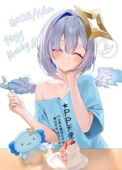 1girl amane_kanata angel_wings blue_hair blue_shirt blue_wings blush bob_cut cake center-flap_bangs closed_eyes closed_mouth clothes_writing colored_inner_hair commentary_request dated eating facing_viewer familiar feathered_wings food food_on_face foodgasm fork gradient_wings grey_hair halo hand_on_own_face happy_birthday head_tilt highres holding holding_fork hololive medium_hair mini_wings multicolored_hair multicolored_wings off_shoulder pink_hair pink_streaks print_shirt shirt short_hair short_sleeves simple_background single_bare_shoulder single_hair_intake single_off_shoulder smallpine_7 smile solo star_halo strawberry_shortcake streaked_hair t-shirt upao_(amane_kanata) virtual_youtuber watermark white_background white_wings wings
