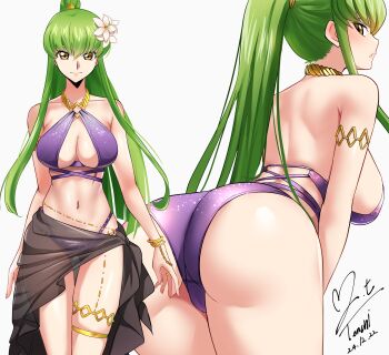1girl absurdres arms_at_sides ass bent_over bikini black_sarong bracelet breasts c.c. chain closed_mouth code_geass code_geass:_lost_stories commentary_request commission cowboy_shot dated flower gluteal_fold gold_chain green_hair hair_between_eyes hair_flower hair_ornament high_ponytail highleg highleg_bikini highres jewelry large_breasts legs_together long_hair looking_at_viewer multi-strapped_bikini_bottom multi-strapped_bikini_top multiple_views navel o-ring o-ring_bikini o-ring_top parted_lips pixiv_commission ponytail purple_bikini ring sarong scar see-through_clothes see-through_sarong sideways_mouth signature simple_background skindentation smile standing swimsuit teeth thigh_gap thigh_strap very_long_hair white_background white_flower yellow_eyes yoo_tenchi