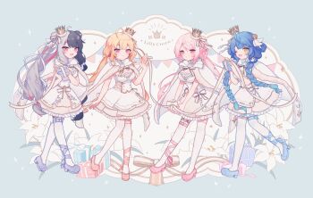 4girls :d :o ;d absurdres ahoge amamiya_kokoro black_hair blonde_hair blue_hair blue_shoes box breasts cleavage cleavage_cutout closed_mouth clothing_cutout commentary_request crown dress frilled_dress frills full_body gift gift_box grey_hair hand_up highres long_hair medium_breasts multicolored_hair multiple_girls nijisanji one_eye_closed open_mouth orange_eyes orange_shoes parted_lips pink_hair pink_shoes purple_shoes red_eyes shiina_yuika shoes smile split-color_hair standing takamiya_rion thighhighs tokareta_tamago virtual_youtuber white_dress white_thighhighs yorumi_rena