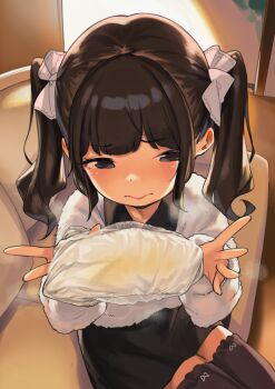 1girl averting_eyes black_eyes black_hair black_skirt black_thighhighs blush bow closed_mouth collared_jacket commentary_request commission diaper embarrassed facing_viewer fur_jacket furrowed_brow hair_bow henreader highres holding holding_panties holding_underwear holding_unworn_clothes jacket loli long_sleeves looking_to_the_side medium_hair original panties pee pee_stain pixiv_commission presenting_diaper presenting_removed_panties sitting skirt solo stained_panties thighhighs twintails underwear wet_diaper white_bow white_jacket