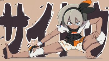 1girl artist_name bambi2000line bea_(pokemon) black_unitard character_name commentary covered_abs dark-skinned_female dark_skin exercising full_body gloves grey_eyes grey_hair hairband highres looking_at_viewer nintendo partially_fingerless_gloves pokemon pokemon_swsh short_hair single_glove solo stretching toned toned_female v-shaped_eyebrows