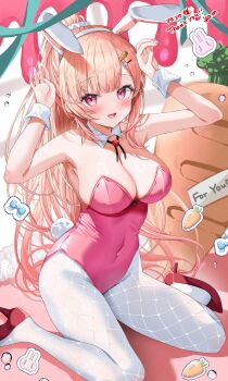 1girl absurdres animal_ear_hairband animal_ears armpits blonde_hair blush bow bowtie breasts bubble carrot carrot_hair_ornament cleavage collar commentary_request commission covered_navel detached_collar fake_animal_ears fake_tail fishnet_pantyhose fishnets food-themed_hair_ornament gradient_hair green_nails hair_ornament hairband high_heels highres large_breasts leotard long_hair momose_nina multicolored_hair nail_polish open_mouth pantyhose pink_hair pink_leotard pixel_art_inset playboy_bunny ponytail project_nebula rabbit_ear_hairband rabbit_ears rabbit_hair_ornament rabbit_pose rabbit_tail red_eyes red_nails red_shoes shoes sitting skeb_commission solo strapless strapless_leotard tail thank_you virtual_youtuber wariza white_collar white_pantyhose white_wrist_cuffs wrist_cuffs yam_(yamap_mako)