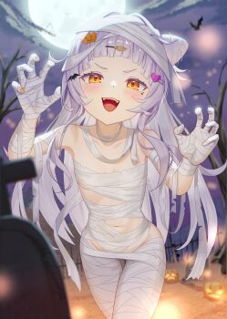 1girl :d arched_bangs bandaged_arm bandaged_leg bandages bare_tree bat_(animal) bat_hair_ornament blurry boku_no_edamame claw_pose commentary_request cone_hair_bun crossed_legs depth_of_field flat_chest full_moon grey_hair hair_bun hair_ornament hairclip halloween hands_up heart heart_hair_ornament highres hololive jack-o&#039;-lantern jack-o&#039;-lantern_hair_ornament long_hair looking_at_viewer moon mummy_costume murasaki_shion nail_polish naked_bandage navel night open_mouth outdoors short_eyebrows side_up_bun sidelocks single_hair_bun smile solo teeth tombstone tree upper_teeth_only v-shaped_eyebrows very_long_hair virtual_youtuber yellow_eyes yellow_nails