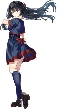 1girl absurdres black_hair black_shoes blue_shirt blue_skirt blue_socks bow breasts commentary_request expressionless full_body hair_ornament highres lily0428 long_hair looking_at_viewer original purple_eyes red_bow shirt shoes simple_background skirt socks solo transparent_background