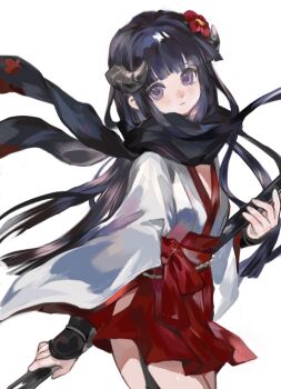 1girl absurdres armor black_hair black_scarf blunt_bangs blunt_ends bow closed_mouth clothing_cutout cowboy_shot curled_horns expressionless floating_hair floating_scarf flower furisode_sleeves garter_straps grey_horns hair_flower hair_ornament hakama hakama_short_skirt hakama_skirt highres hip_vent holding holding_polearm holding_weapon horns inu_x_boku_ss japanese_armor japanese_clothes keli_ng_ng kosode kote kurokote long_hair long_sleeves looking_at_viewer miko miniskirt oni polearm procreate_(medium) purple_eyes red_bow red_flower red_hakama rope scarf shimenawa shirakiin_ririchiyo simple_background skirt solo standing straight_hair two-handed very_long_hair waist_bow weapon white_background wide_sleeves