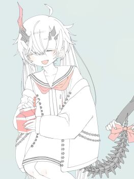 Rule 34 | 1girl, 1other, 909 (reverseblue), ahoge, asymmetrical horns, black horns, bow, closed eyes, dated, dress, drinking straw, fang, gradient horns, green background, hashtag-only commentary, highres, horns, long hair, mechanical tail, multicolored horns, neckerchief, open mouth, red bow, red horns, red neckerchief, reverseblue x re-birthend, sailor collar, sleeves past wrists, spiked tail, tail, tail bow, tail ornament, very long hair, white dress, white hair