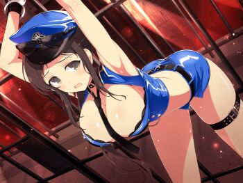 armpits bent_over breasts brown_hair cleavage clumsy cuffs gloves green_eyes handcuffed handcuffs hat highres large_breasts long_hair looking_at_viewer midriff murakumo_(senran_kagura) official_art police police_hat police_uniform policewoman ponytail prison_cell senran_kagura senran_kagura_new_link sweat thigh_strap worried