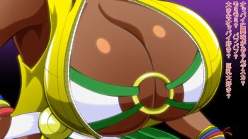 1girl bikini breasts brown_hair curvy dark-skinned_female dark_skin female_focus huge_breasts jacket japanese_text jewelry kaiman82 kaimanwanio large_breasts long_hair ring standing swimsuit tan the_king_of_fighters unzipped zarina